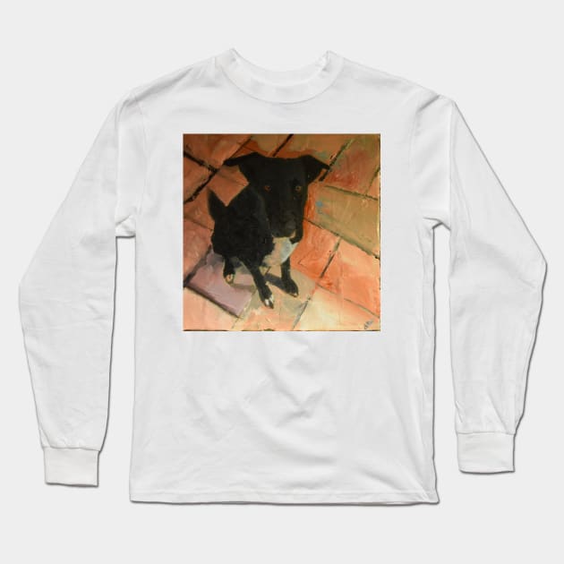 Black Dog On Tiled Floor Long Sleeve T-Shirt by golan22may